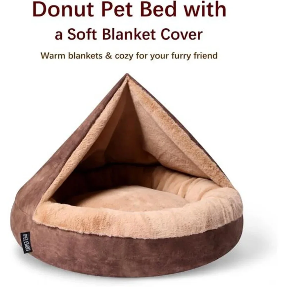 Bed with Cover Cozy Soft Cat Bed Washable Warming Calming Pet Round Bed (Medium)